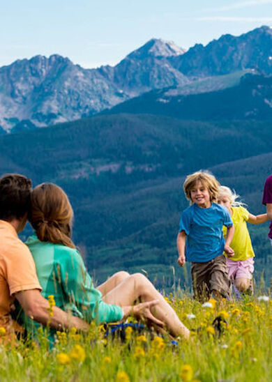 A family enjoys a day out in a meadow, with two adults sitting and three children running towards them, with mountains in the background.